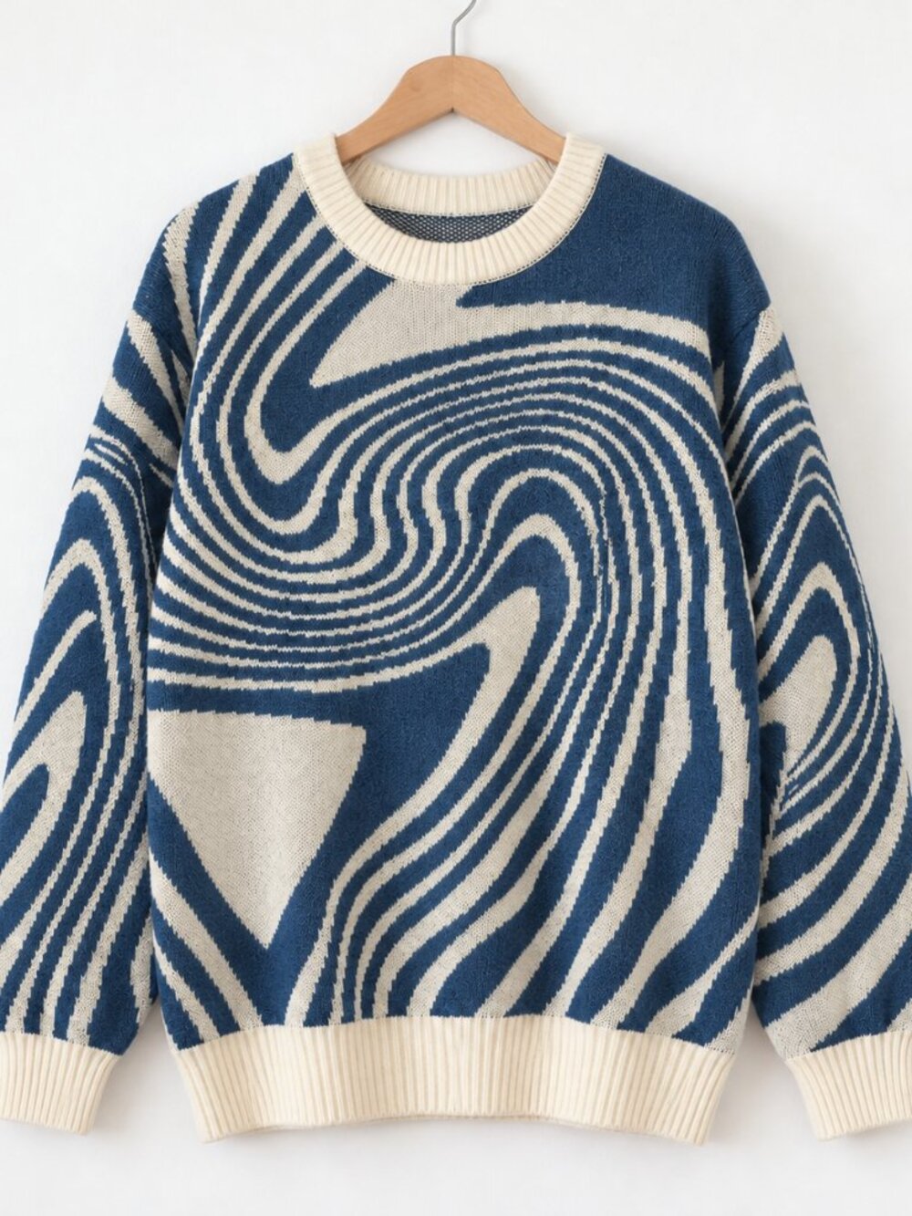 Abstract Swirl Knit Crewneck Sweater Men’s XL Blue White
